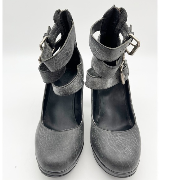 J Crew Loxley Buckle Platform Leather Heels Size 6.5 Black Gray Distressed Italy - Picture 2 of 9